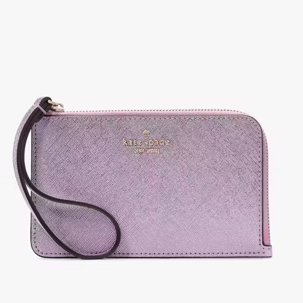 Kate Spade Lucy Metallic Small L-Zip Wristlet purple pink quartz 💜 NWOT